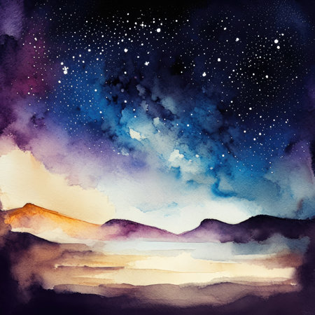 Watercolor night sky with stars and clouds.の素材