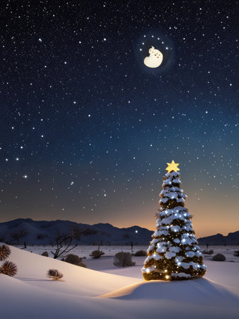 Christmas tree in the snow with starry sky and moon in the backgroundの素材