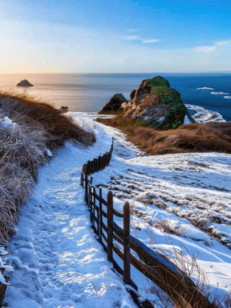 Beautiful winter landscape with snow covered path leading to the sea.の素材