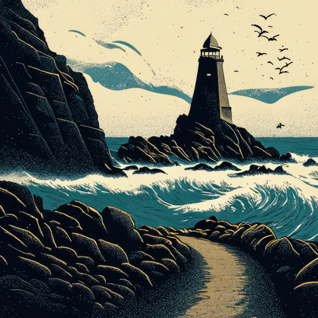Lighthouse on the rocky coast in retro style.の素材