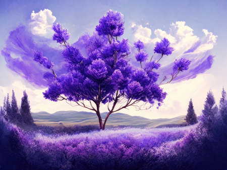 A purple tree in a meadow at sunset.の素材