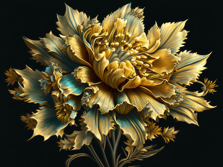 Gold peony flower on a black background.の素材