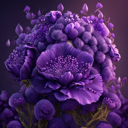 A bouquet of purple flowers on a dark backgroundの素材
