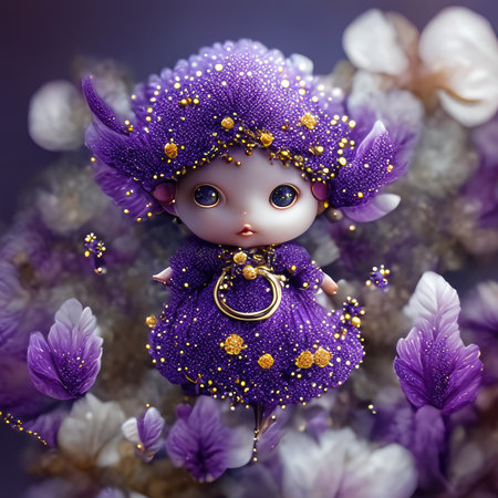 Violet fairy-tale doll on a background of purple flowers.の素材