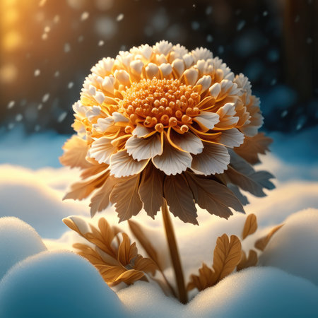 Orange chrysanthemum in the snow.の素材