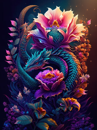 Fantasy dragon with flowers on a dark background.の素材