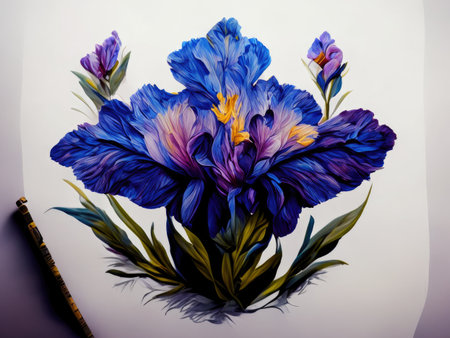 drawing of blue irises in watercolor style on a white backgroundの素材