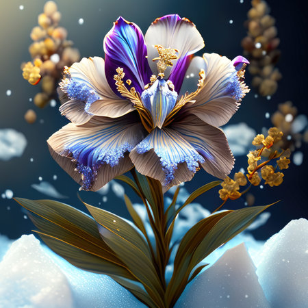 Blue iris flower in the snow on a dark backgroundの素材