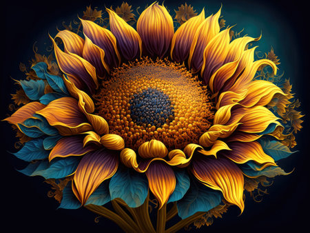 A sunflower on a dark background with a floral patternの素材