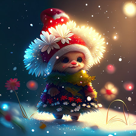 Cute little bear in a red hat on a background of snowflakesの素材