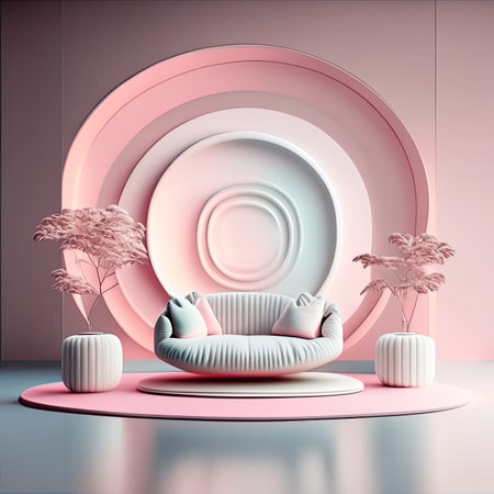 pink minimal geometric shape with sofa and palm tree.の素材
