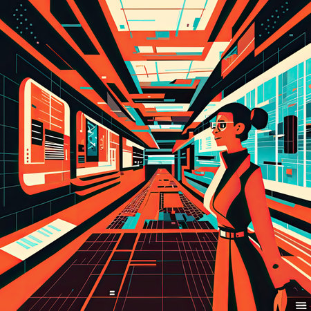 Vector illustration of a woman in the hallway of a modern office buildingの素材