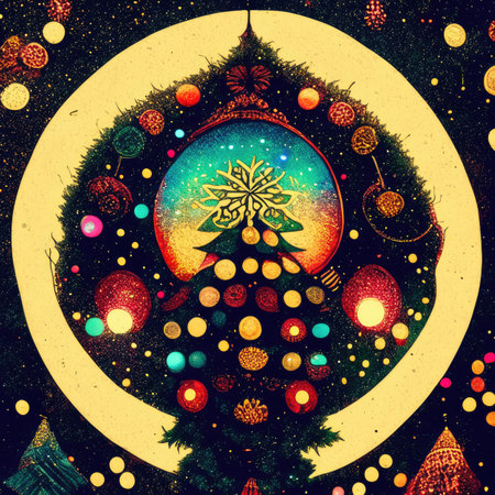 Christmas tree with balls and snowflakes in the form of a circleの素材