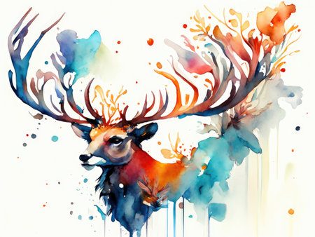 Watercolor deer with antlers isolated on white backgroundの素材