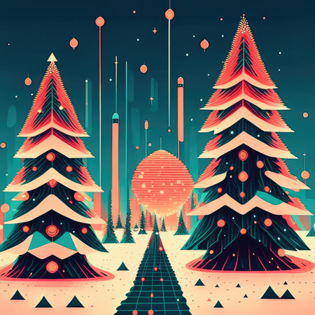 Winter landscape with Christmas trees and snowflakes.の素材