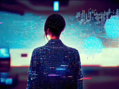 Rear view of businesswoman looking at digital screen with binary codeの素材