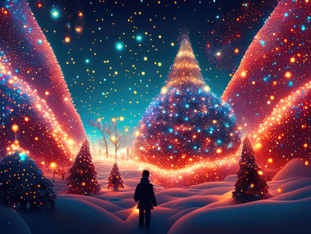Man in winter forest. Christmas and New Year background.の素材