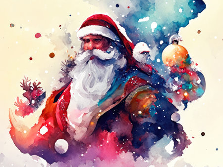 Watercolor illustration of Santa Claus with a sack full of gifts.の素材