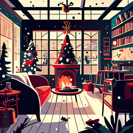 Vector illustration of a cozy living room with Christmas tree and fireplace.の素材