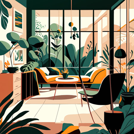 Modern living room interior with furniture and plants. Flat vector illustration.の素材