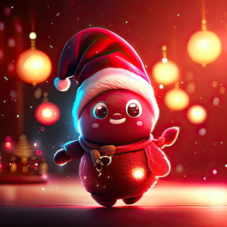 Cute cartoon snowman with santa claus hat. Christmas background.の素材