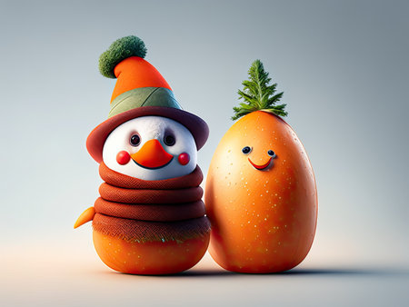 Funny snowman and carrot in winter clothes.の素材
