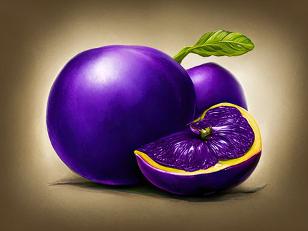 Purple plum with a slice of orange on a brown background.の素材