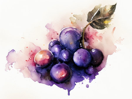Grapes with watercolor splashes on a white background.の素材