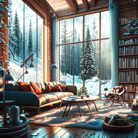 Interior of cozy living room with winter forest view.の素材