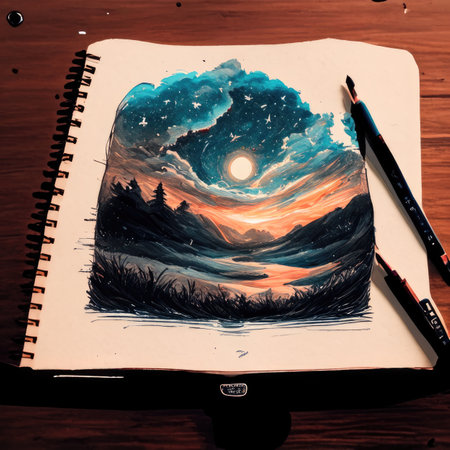 Notebook with pencils on a wooden table. Sunset over the mountains.の素材