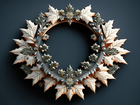 Christmas wreath made of silver and golden leavesの素材