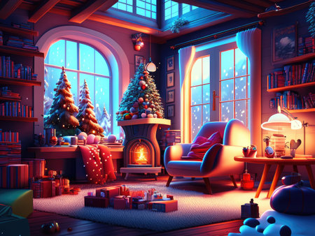 Christmas living room with fireplace and Christmas tree.の素材