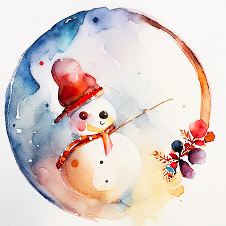 Watercolor snowman with a bow on his headの素材