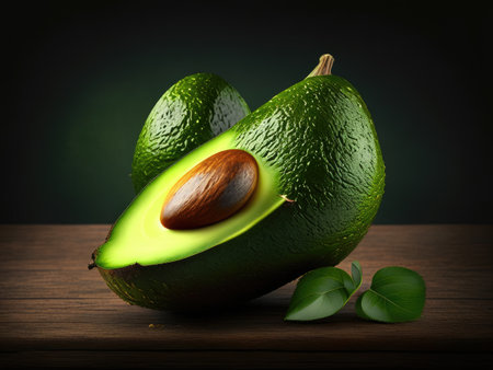Avocado with leaves on a dark background.の素材