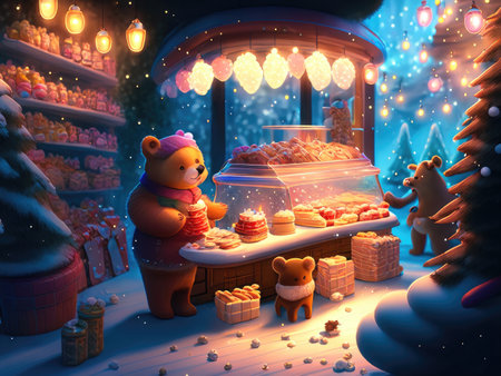 Christmas market with a bear in a snowy city.の素材