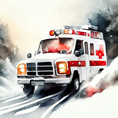 Watercolor Ambulance car on the roadの素材