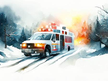 Ambulance on the road during a snowfall. Watercolor illustrationの素材