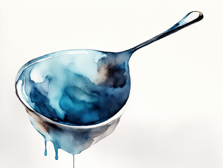 Blue watercolor paint splashing from a spoon on a white backgroundの素材