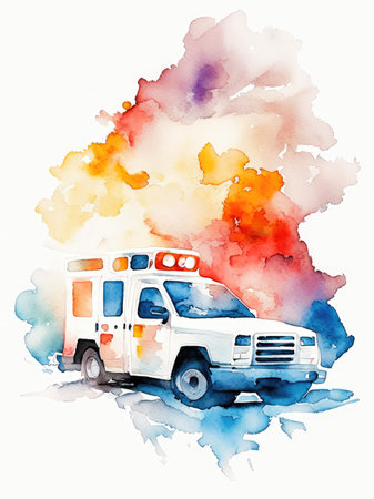 Watercolor Ambulance car on watercolor background.の素材