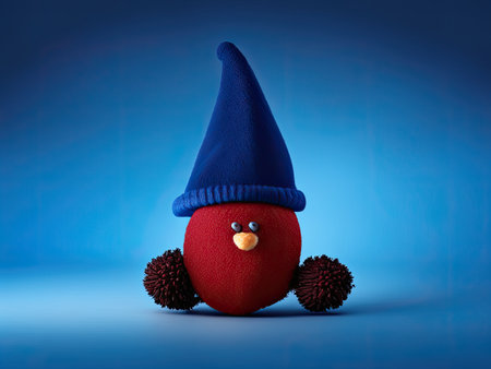 Cute red christmas toy with blue hat on blue background.の素材