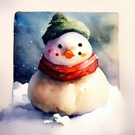 Watercolor snowman in a hat and scarf.の素材