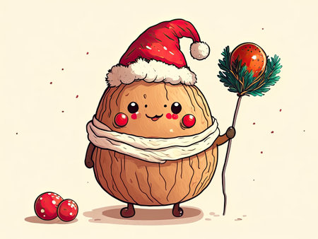 Cute cartoon walnut with santa hat.の素材