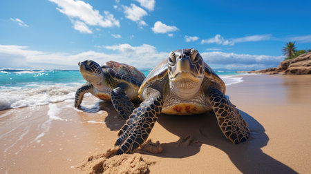 Hawaiian Green Sea Turtle on the beachの素材