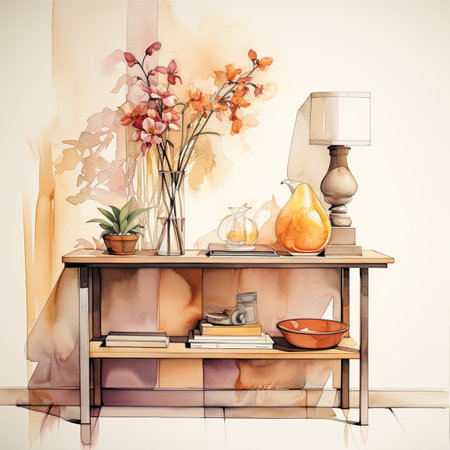 Interior of the living room with a bookshelf, table lamp and vase with flowersの素材