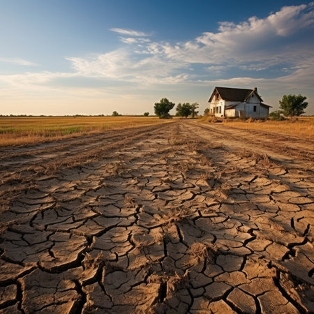 Dry and cracked earth with a small house in the background.の素材