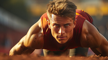 Portrait of an athlete ready to run at the start of a raceの素材