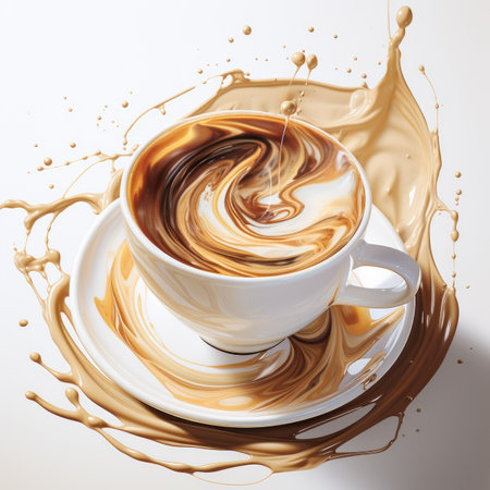 Cup of coffee with milk splash on white background.の素材