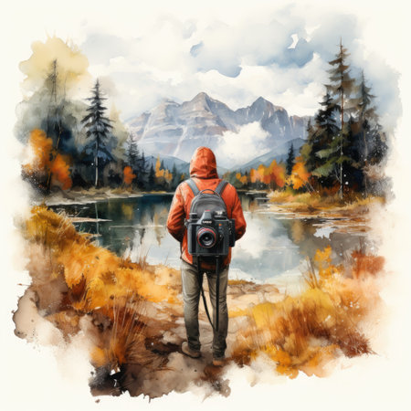 A photographer taking pictures of a mountain lake in autumnの素材