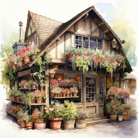 Watercolor traditional wooden house with flowers in pots.の素材