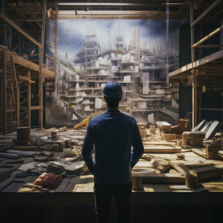 Engineer looking at a construction site with a lot of planksの素材